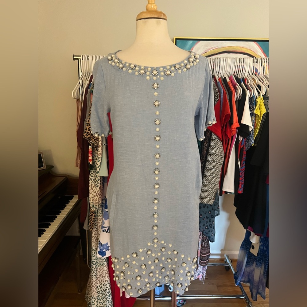 Denim Dress with Pearl/Rhinestone Embellishments, Size Small